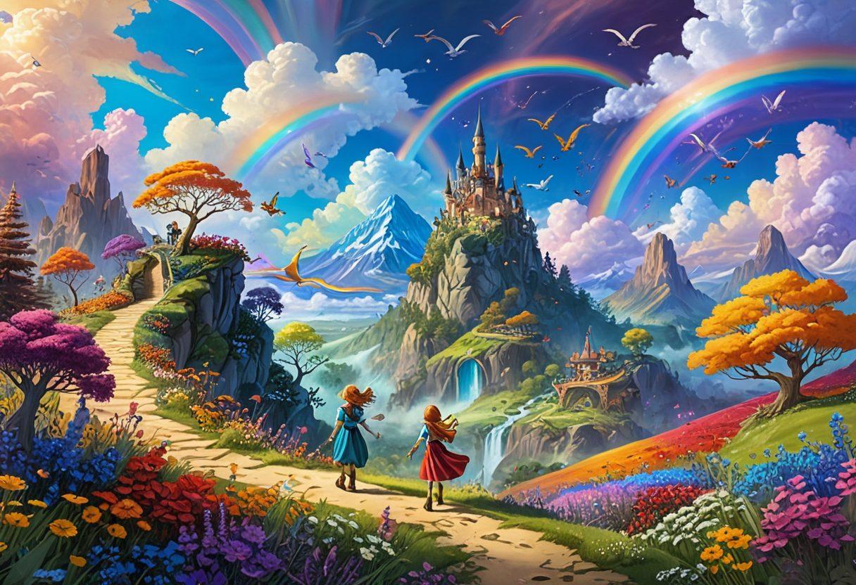 A colorful scene depicting whimsical heroes with exaggerated features in a fantastical landscape filled with playful creatures. Include a bright, swirling sky, rainbow paths, and oversized flowers that seem to dance. Emphasize joy, adventure, and childlike wonder as the main themes. Features a lively gathering of these characters engaged in a fun, magical quest. vibrant colors. fantasy art. 3D.