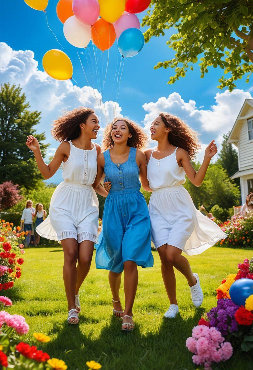 A vibrant scene depicting a group of diverse sisters laughing and dancing together in a picturesque outdoor setting, surrounded by colorful flowers and balloons, showcasing their bond of friendship. They are engaging in fun activities like picnic sharing and playful games under a bright blue sky with fluffy clouds. The mood is joyful and lively, emphasizing camaraderie and love. super-realistic. vibrant colors. cheerful atmosphere.