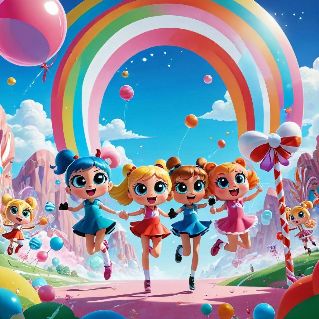 A playful scene featuring the Powerpuff Girls in vibrant action, surrounded by a fantastical landscape full of oversized candy and floating bubbles. Delightful cartoon characters, bright colors, and whimsical details like a rainbow sky and fluffy clouds, capturing the essence of joy and adventure. Include whimsical creatures cheering in the background. vibrant colors. cartoon style. whimsical.